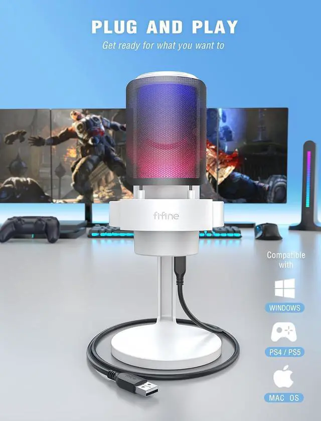 Alt view image 6 of 7 - FIFINE A8 White USB Gaming Condenser Microphone with Tap Mute for Streaming | RGB Control, Headphone Jack, Gain Knob, Pop Filter, Shock Mount, for PC PS4/5 Home use YouTube Discord Twitch Podcasts