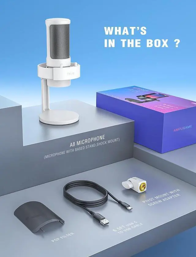 Alt view image 7 of 7 - FIFINE A8 White USB Gaming Condenser Microphone with Tap Mute for Streaming | RGB Control, Headphone Jack, Gain Knob, Pop Filter, Shock Mount, for PC PS4/5 Home use YouTube Discord Twitch Podcasts