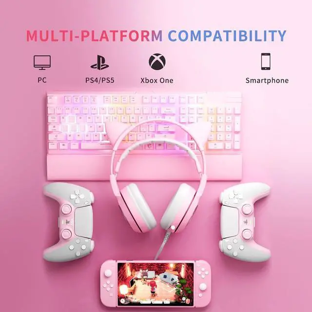 Alt view image 4 of 7 - SOMIC G951s Pink Stereo Gaming Headset with Mic for PS4,Xbox,PC,Mobile Phone,3.5mm Noise Reduction Cat Ear Headphones Lightweight Over Ear Headphones for Woman