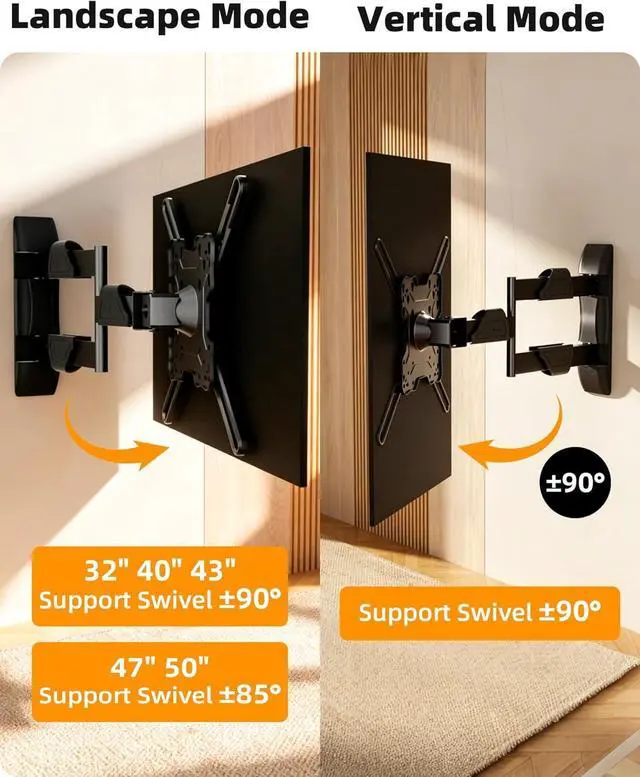 Alt view image 6 of 7 - Vertical Swivel TV Wall Mount for Most 32-50 inch, Long Arm Rotate to Portrait TV Corner Bracket, Support Full Motion 360 Degree, Max VESA 400x400mm Up to 57lbs DY3255
