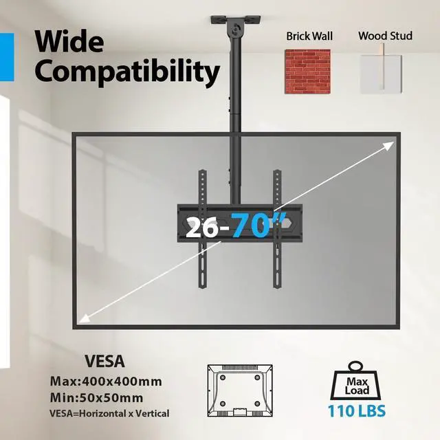 Alt view image 4 of 7 - USX STAR Ceiling TV Mount for 26-65 inch Flat Screen Displays, Adjustable Ceiling TV Bracket Fits Most LCD LED OLED TVs, 14.96Inch Single Extended Mounting Pole, Holds up to 110lbs, Max VESA 400x400mm