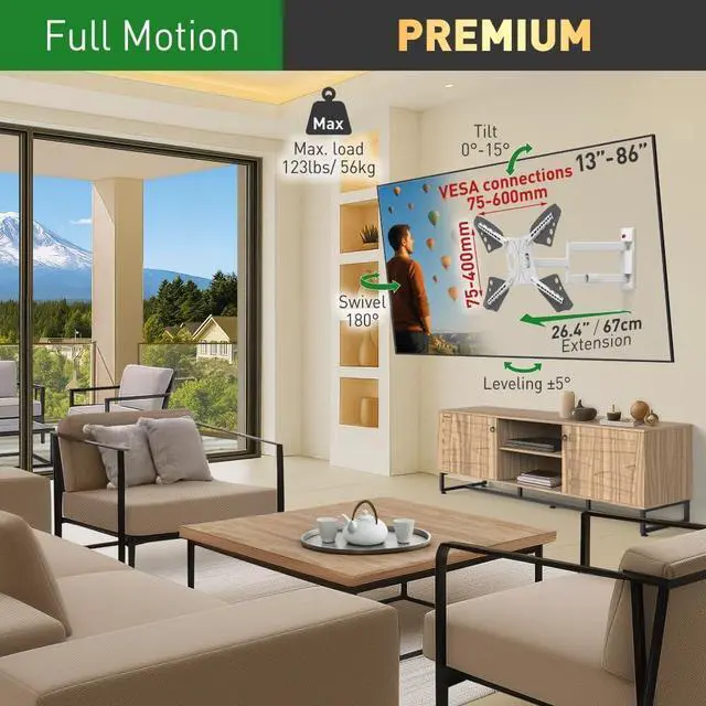 Alt view image 2 of 7 - Barkan Long White TV Wall Mount, 13-80 inch Full Motion Articulating - 4 Movement Flat/Curved Screen Bracket, Holds up to 110lbs