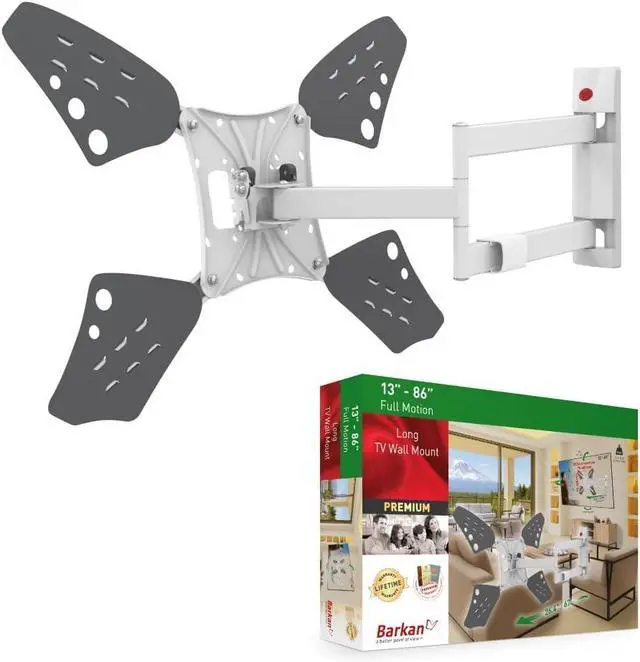 Main image of Barkan Long White TV Wall Mount, 13-80 inch Full Motion Articulating - 4 Movement Flat/Curved Screen Bracket, Holds up to 110lbs