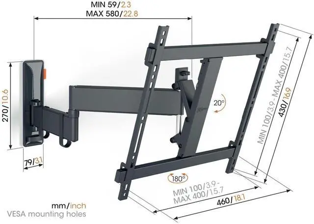 Alt view image 6 of 7 - Vogel's TVM 3445 Full-Motion TV wall Bracket for 32-65 inch TVs, Max. 55 lbs, Swivels up to 180º, Full-Motion TV wall Mount, Max. VESA 400x400, Universal Compatibility