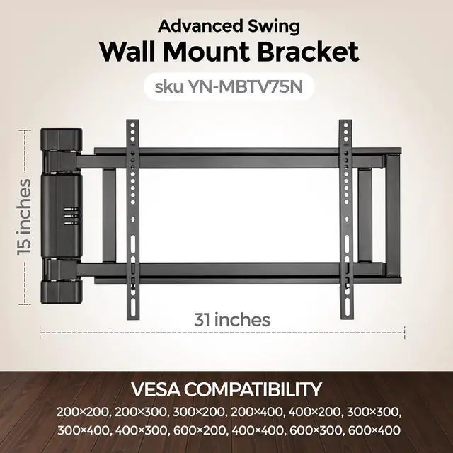 Alt view image 2 of 6 - ynVISION.DESIGN Swing Wall Mount Bracket for 32-75" TVs, Hinged, Pack of 1