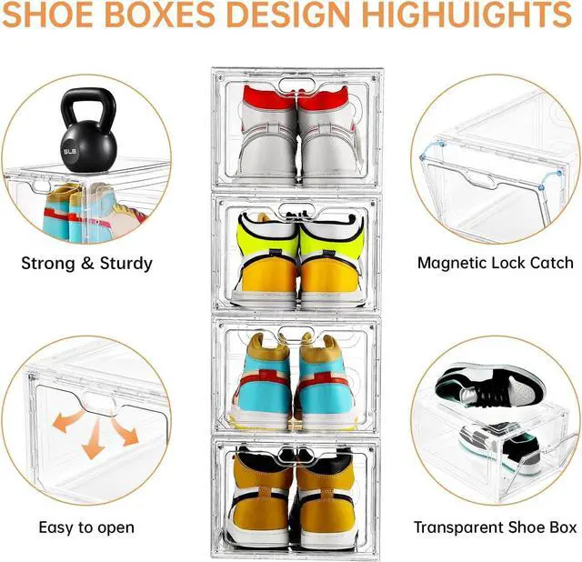 Alt view image 3 of 7 - INSTY 6 Pack Large Shoe Storage Box, Clear Shoe Storage Organizer with Magnetic Door, Stackable,Shoe Containers For Display Sneakers, Easy Assembly, Fit up to US Size 12, Clear
