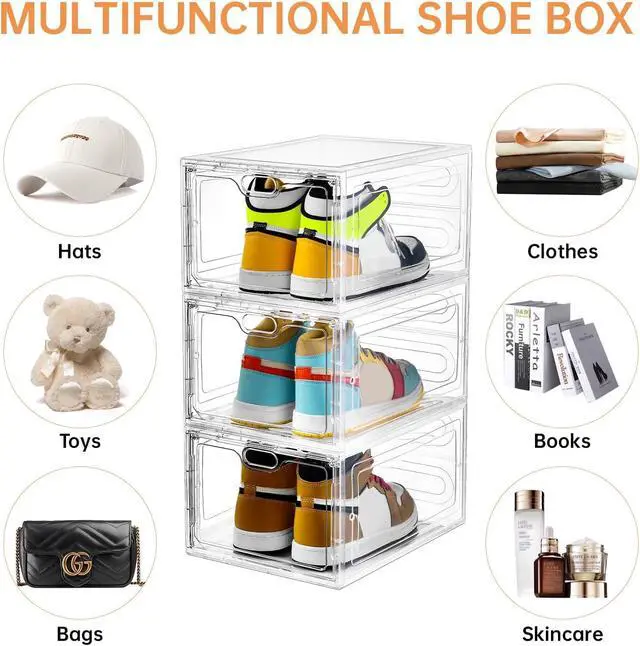 Alt view image 5 of 7 - INSTY 6 Pack Large Shoe Storage Box, Clear Shoe Storage Organizer with Magnetic Door, Stackable,Shoe Containers For Display Sneakers, Easy Assembly, Fit up to US Size 12, Clear