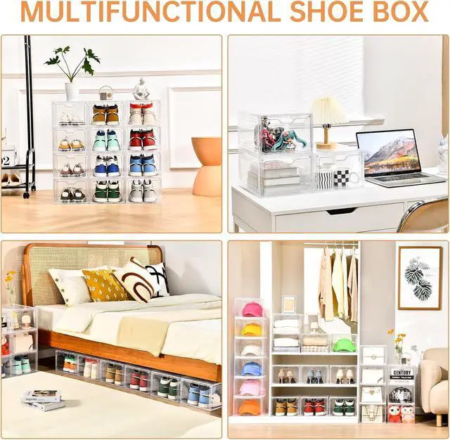 Alt view image 6 of 7 - INSTY 6 Pack Large Shoe Storage Box, Clear Shoe Storage Organizer with Magnetic Door, Stackable,Shoe Containers For Display Sneakers, Easy Assembly, Fit up to US Size 12, Clear