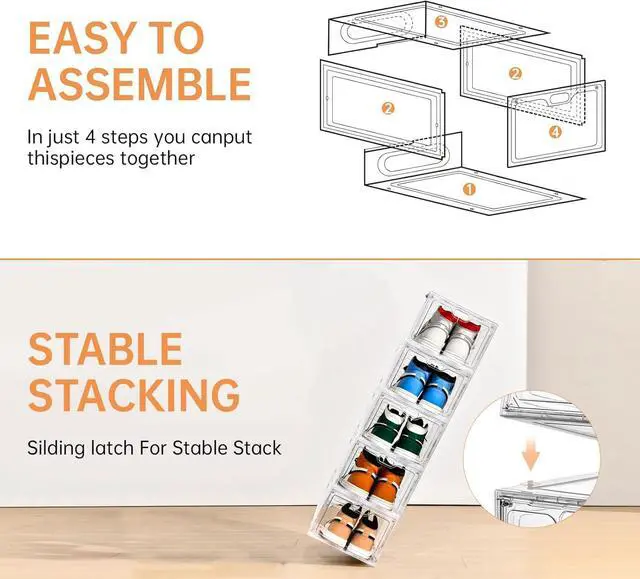 Alt view image 7 of 7 - INSTY 6 Pack Large Shoe Storage Box, Clear Shoe Storage Organizer with Magnetic Door, Stackable,Shoe Containers For Display Sneakers, Easy Assembly, Fit up to US Size 12, Clear