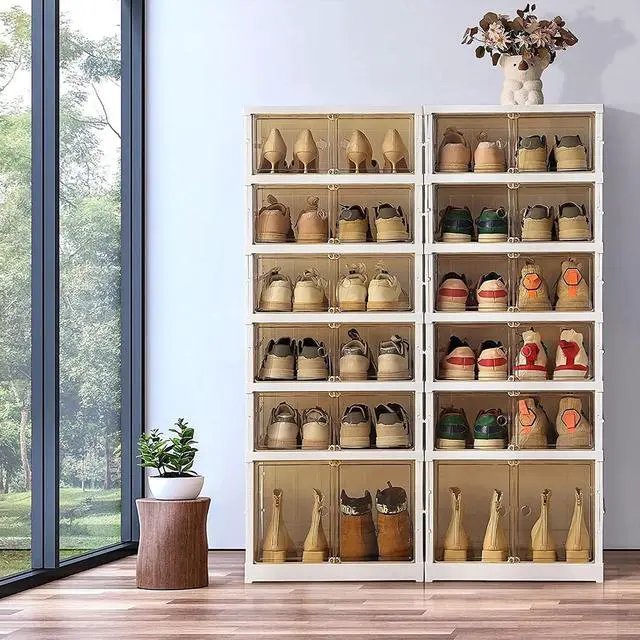 Alt view image 3 of 6 - Foldable Storage Box - Clear Stackable Shoe Organizer with Lids - Large 6 Layer Shoe Rack Cabinet