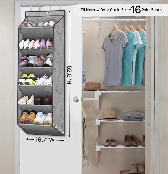 Alt view image 2 of 7 - SLEEPING LAMB Over The Door Shoe Organizer for Closet with Large Deep Pockets, Narrow Shoe Rack for Door Hanging Boots Storage, Grey