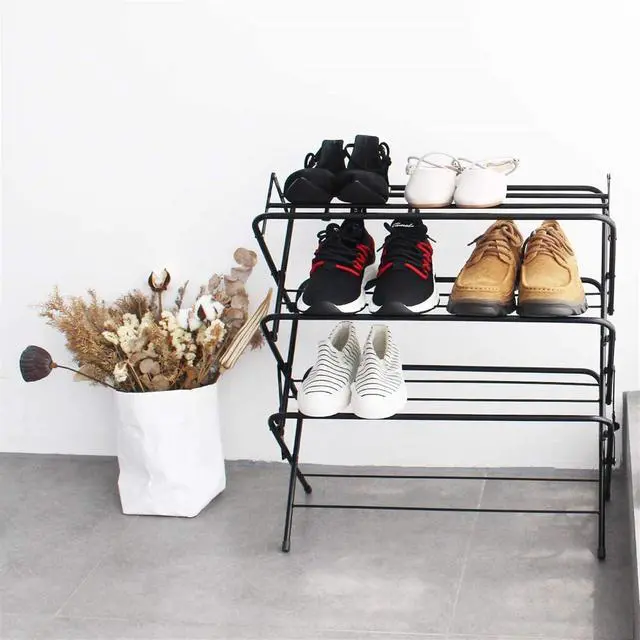 Alt view image 3 of 6 - Zenree 4-Tier Foldable Metal Shoe Rack Organization Shelves, Matte Black Finish - Portable Storage for Organizing Shoes and Knickknacks, Holds 9-12 Pairs of Shoes