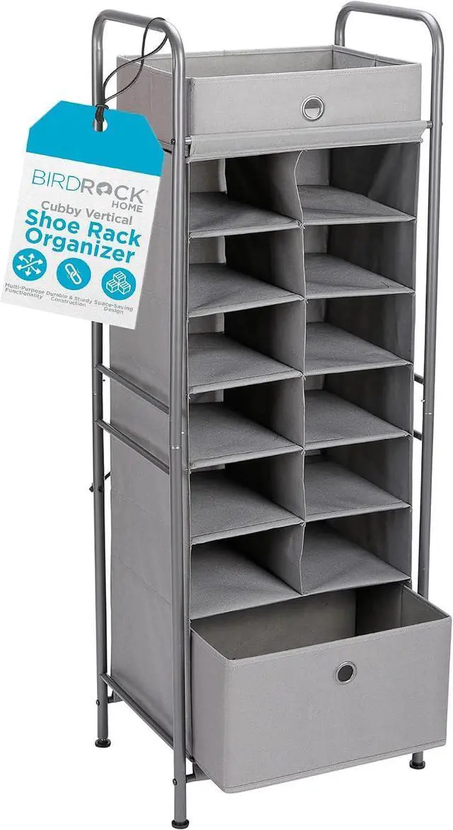 Main image of BIRDROCK HOME 12 Cubby Vertical Shoe Rack Organizer with Large Drawer - Grey - Free Standing Tower for Closet - Sturdy Metal Frame - Space Saver - Bedroom Organization