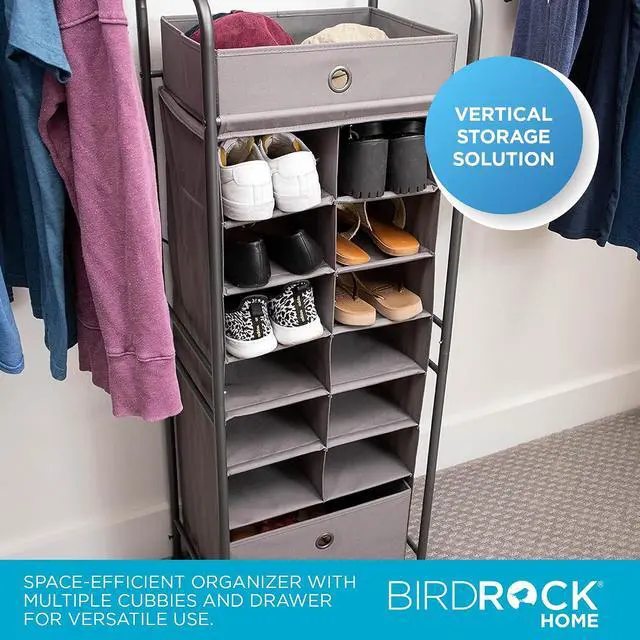 Alt view image 4 of 7 - BIRDROCK HOME 12 Cubby Vertical Shoe Rack Organizer with Large Drawer - Grey - Free Standing Tower for Closet - Sturdy Metal Frame - Space Saver - Bedroom Organization