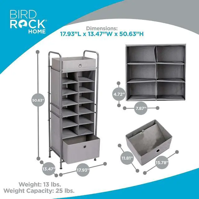 Alt view image 6 of 7 - BIRDROCK HOME 12 Cubby Vertical Shoe Rack Organizer with Large Drawer - Grey - Free Standing Tower for Closet - Sturdy Metal Frame - Space Saver - Bedroom Organization