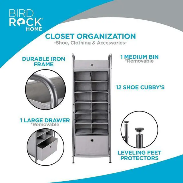 Alt view image 7 of 7 - BIRDROCK HOME 12 Cubby Vertical Shoe Rack Organizer with Large Drawer - Grey - Free Standing Tower for Closet - Sturdy Metal Frame - Space Saver - Bedroom Organization
