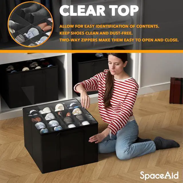 Alt view image 4 of 6 - SpaceAid Shoe Organizer for Closet, 2 Pack Foldable Shoe Storage Containers Baskets Boxes Bins w/Adjustable Dividers, Fits 16-32 Pairs, Black
