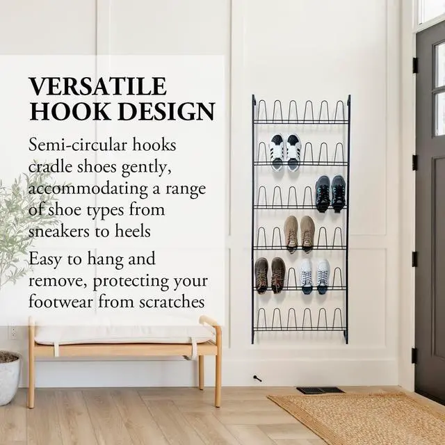Alt view image 2 of 7 - MyGift 70 Inch Black Metal Wall Mounted Shoe Rack with 36 Hooks