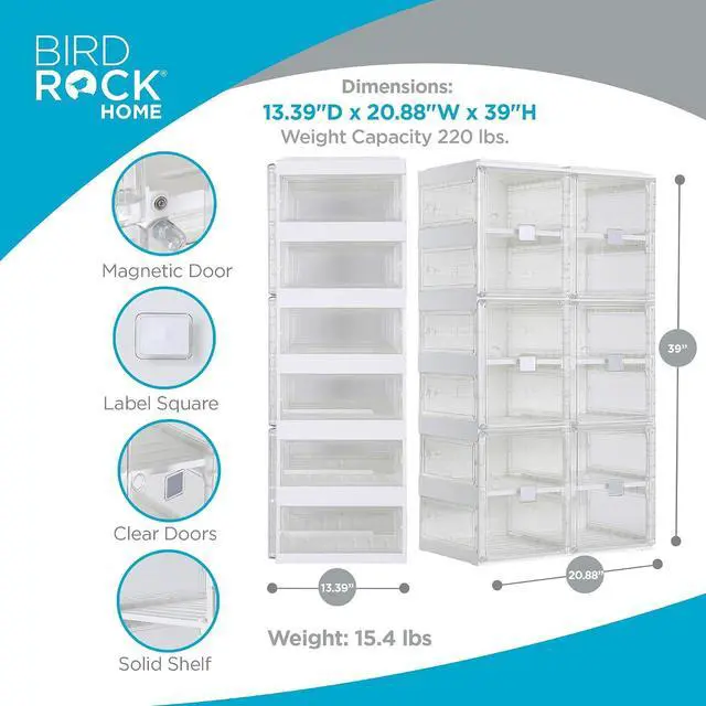 Alt view image 3 of 7 - BIRDROCK HOME Foldable Shoe Rack Organizer for Closet Floor | 6-Tier Freestanding Storage Cabinet with 12 Clear Storage Cubes & Door | Shoe Case for Heels, Sneakers, Loafers, Sandals | White