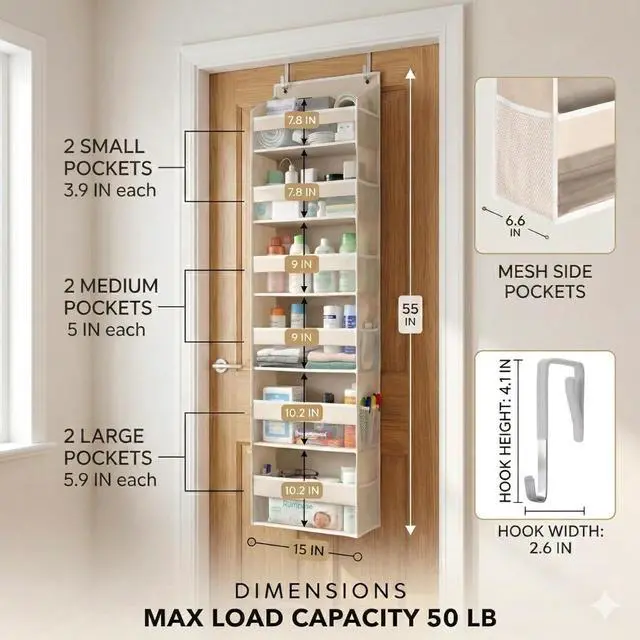 Alt view image 2 of 7 - HOMELUX THEORY Over the Door Organizer, 6-Tier, 100D Fabric, Ivory 2pc