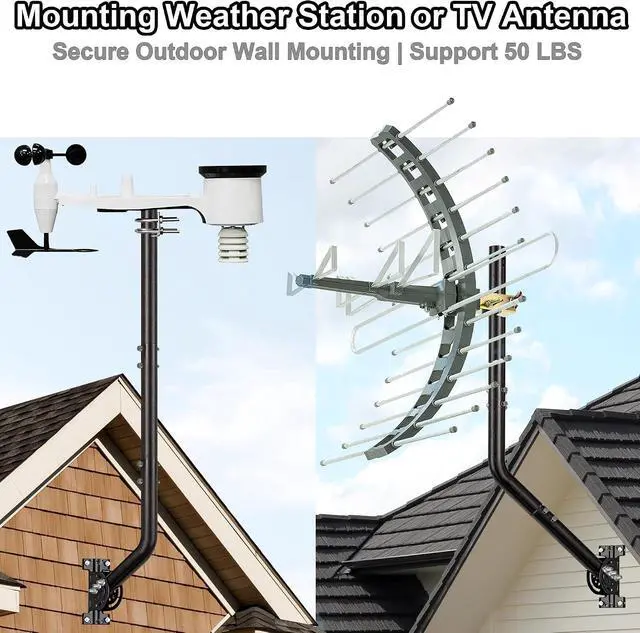 Alt view image 4 of 7 - 40" Heavy Duty Adjustable Antenna Wall Mount Iron Spray Paint J-Pole Solid Mast Bracket for Starlink (Adapter Required), TV Antennas, Weather Stations 1.38" OD Pivot Base (Black)