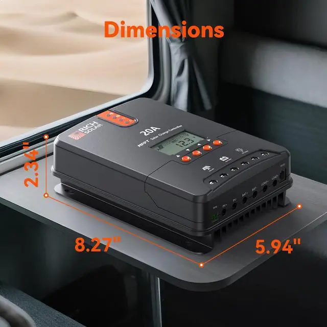 Alt view image 2 of 7 - RICH SOLAR 20A MPPT Solar Charge Controller High-Efficiency 12V/24V Auto Detection, 99% Tracking, Rugged Design for RVs, Boats & Off-Grid Systems