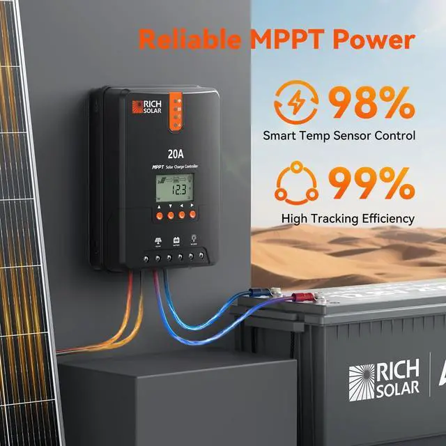 Alt view image 3 of 7 - RICH SOLAR 20A MPPT Solar Charge Controller High-Efficiency 12V/24V Auto Detection, 99% Tracking, Rugged Design for RVs, Boats & Off-Grid Systems