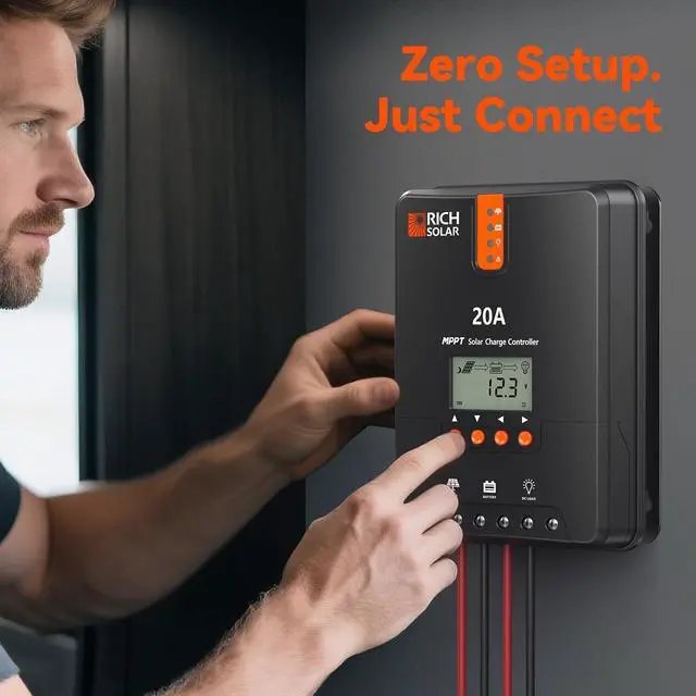 Alt view image 5 of 7 - RICH SOLAR 20A MPPT Solar Charge Controller High-Efficiency 12V/24V Auto Detection, 99% Tracking, Rugged Design for RVs, Boats & Off-Grid Systems
