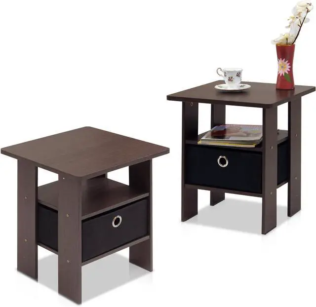 Main image of Furinno Andrey Set of 2 End Table / Side Table / Night Stand / Bedside Table with Bin Drawer, Dark Brown/Black