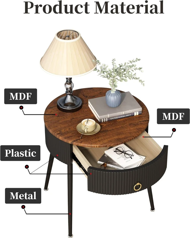 Alt view image 5 of 7 - OIOG End Tables Set of 2, Wood Grain Bedside Tables with Drawer, Black