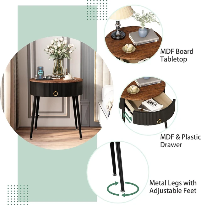 Alt view image 7 of 7 - OIOG End Tables Set of 2, Wood Grain Bedside Tables with Drawer, Black