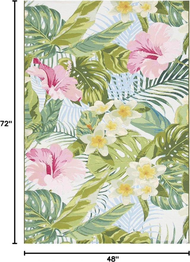 Alt view image 2 of 7 - SAFAVIEH Washable Rug Outdoor Barbados Collection - 4' x 6', Green & Pink, Non-Shedding & Easy to Clean, Ideal for Patio, Backyard, Mudroom (BAR516X)