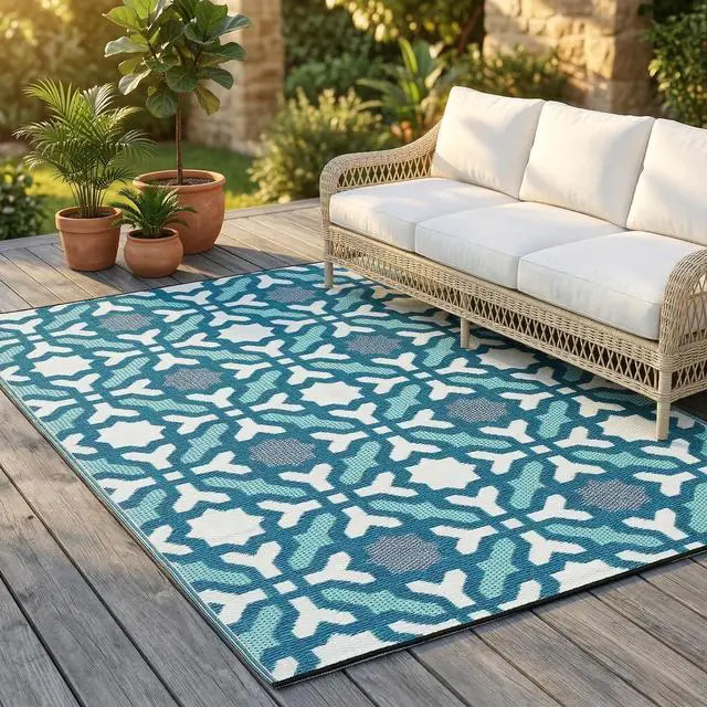 Main image of Fab Habitat Outdoor Rug - Waterproof, Fade Resistant, Reversible - Premium Recycled Plastic - Spanish Tile - Patio, Deck, Porch, Balcony, Laundry Room - Seville - Multicolor Blue - 4 x 6 ft