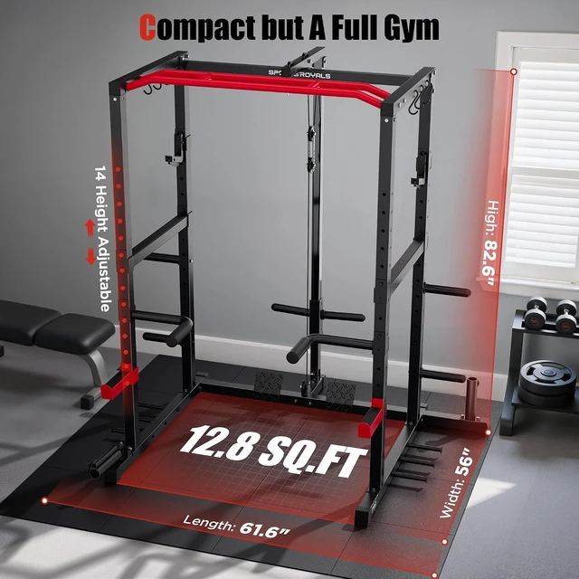 Alt view image 6 of 7 - SPORTSROYALS Power Rack, Multi-Functional Power Cage, Squat Rack with Pulley System & LAT Pull Down, Workout Cage with J Hooks for Home Gym