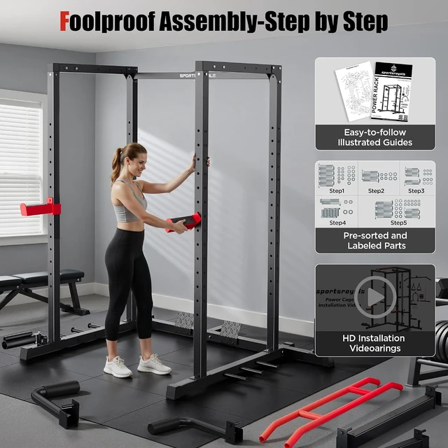Alt view image 7 of 7 - SPORTSROYALS Power Rack, Multi-Functional Power Cage, Squat Rack with Pulley System & LAT Pull Down, Workout Cage with J Hooks for Home Gym