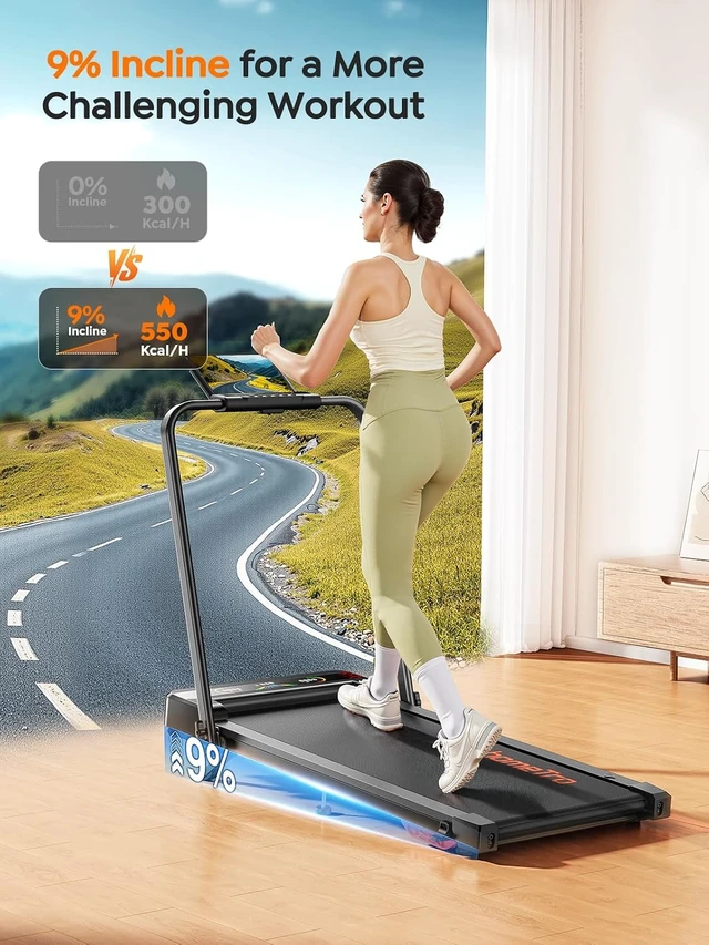 Alt view image 2 of 7 - Walking Pad Treadmill with 9% Incline & Dual LED Display, 4 in 1 Foldable Treadmill with Handle bar for Home/Office, 3.5HP Portable Under Desk Treadmills with Magnetic Remote & APP Control