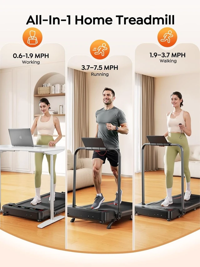 Alt view image 5 of 7 - Walking Pad Treadmill with 9% Incline & Dual LED Display, 4 in 1 Foldable Treadmill with Handle bar for Home/Office, 3.5HP Portable Under Desk Treadmills with Magnetic Remote & APP Control