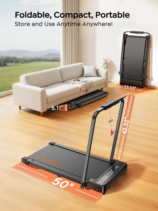 Alt view image 6 of 7 - Walking Pad Treadmill with 9% Incline & Dual LED Display, 4 in 1 Foldable Treadmill with Handle bar for Home/Office, 3.5HP Portable Under Desk Treadmills with Magnetic Remote & APP Control