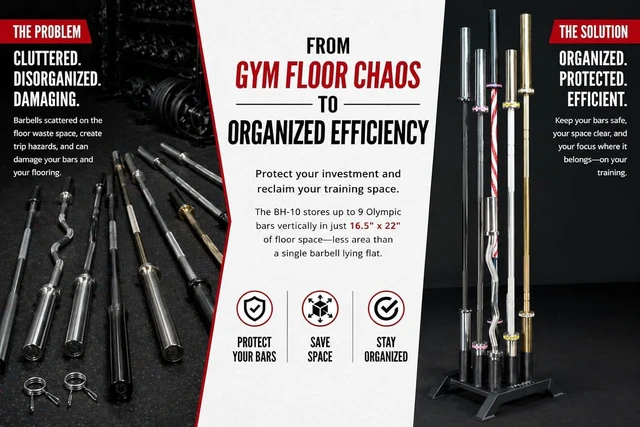 Alt view image 3 of 7 - Valor Fitness Olympic Barbell Holder Vertical 9 - Bar Storage Rack with Protective Sleeve Inserts Space-Saving Steel Stand for Home Gym & Commercial Gyms