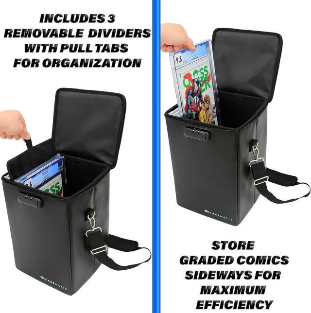 Alt view image 6 of 7 - CASEMATIX Graded Comic Book Storage Travel Case Fits 15 CGC Graded Comics, Hard Shell Fire Resistant Comic Book Bin with Shoulder Strap and Three Comic Book Box Dividers, Includes Zipper Lock