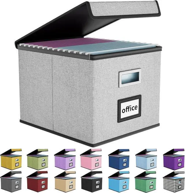 Main image of Huolewa Upgraded Portable File Organizer Box with Lid, Collapsible Linen Hanging Filing Storage Boxes with Plastic Slides, Decorative Home/Office Filing System Box for File and Folders Storage (Gray)