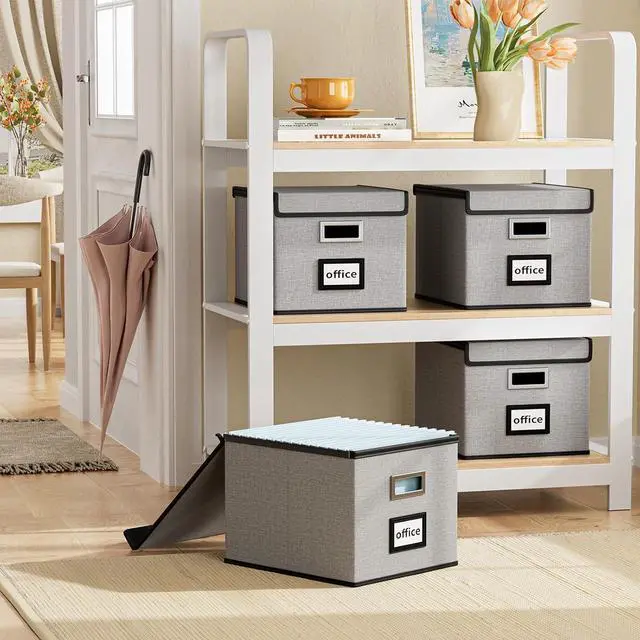 Alt view image 2 of 7 - Huolewa Upgraded Portable File Organizer Box with Lid, Collapsible Linen Hanging Filing Storage Boxes with Plastic Slides, Decorative Home/Office Filing System Box for File and Folders Storage (Gray)