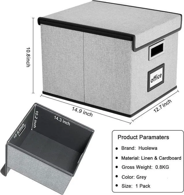 Alt view image 6 of 7 - Huolewa Upgraded Portable File Organizer Box with Lid, Collapsible Linen Hanging Filing Storage Boxes with Plastic Slides, Decorative Home/Office Filing System Box for File and Folders Storage (Gray)