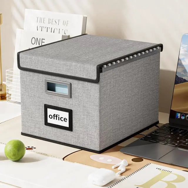 Alt view image 5 of 7 - Huolewa Upgraded Portable File Organizer Box with Lid, Collapsible Linen Hanging Filing Storage Boxes with Plastic Slides, Decorative Home/Office Filing System Box for File and Folders Storage (Gray)