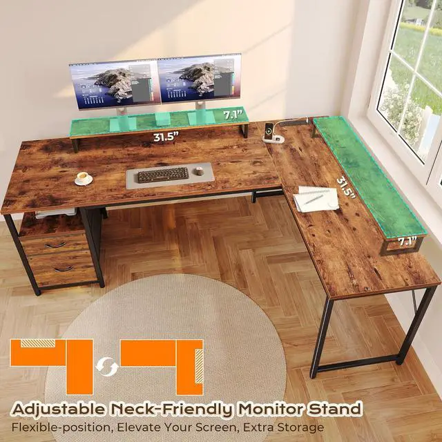 Alt view image 6 of 7 - PRAISUN 63 Inch L Shaped Desk with Power Outlets and USB-C Port, Computer Corner Home Office Desk with File Fabric Drawers and Movable Monitor Stand, Larger Storage, Gaming, Writing, Rustic Brown