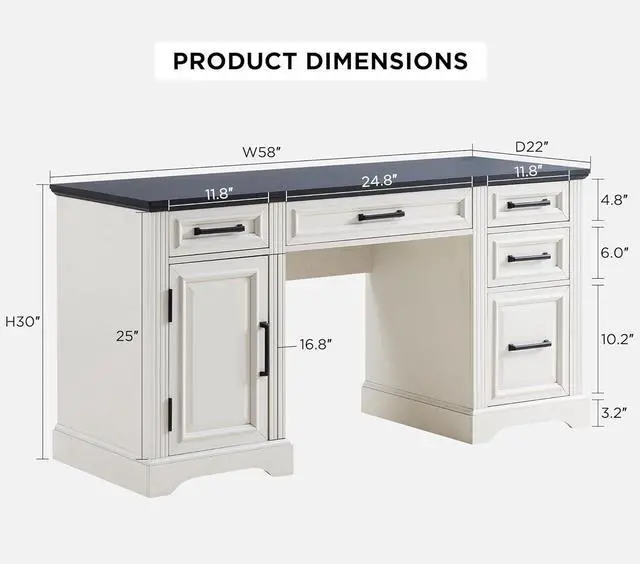 Alt view image 2 of 6 - JXQTLINGMU 58" Executive Desk, Farmhouse Computer Desk with Drawers and Cabinet, Embossed Texture Home Office Desk w/Charging Station, Workspace for Work Study Writing, Off White