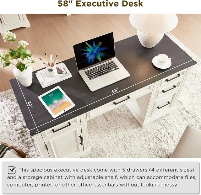 Alt view image 3 of 6 - JXQTLINGMU 58" Executive Desk, Farmhouse Computer Desk with Drawers and Cabinet, Embossed Texture Home Office Desk w/Charging Station, Workspace for Work Study Writing, Off White