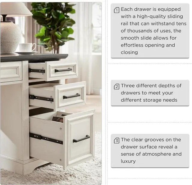 Alt view image 4 of 6 - JXQTLINGMU 58" Executive Desk, Farmhouse Computer Desk with Drawers and Cabinet, Embossed Texture Home Office Desk w/Charging Station, Workspace for Work Study Writing, Off White