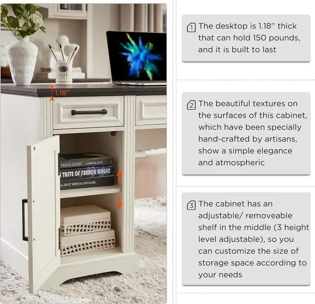 Alt view image 5 of 6 - JXQTLINGMU 58" Executive Desk, Farmhouse Computer Desk with Drawers and Cabinet, Embossed Texture Home Office Desk w/Charging Station, Workspace for Work Study Writing, Off White