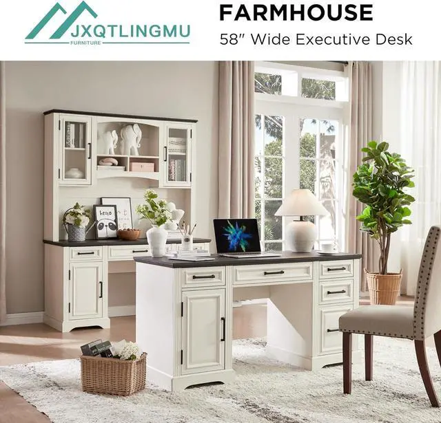Alt view image 6 of 6 - JXQTLINGMU 58" Executive Desk, Farmhouse Computer Desk with Drawers and Cabinet, Embossed Texture Home Office Desk w/Charging Station, Workspace for Work Study Writing, Off White